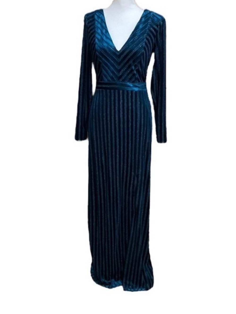 Belle Badgley Mischka‎ Women's Size 6 Teal Stretch Velvet Gown Formal Long Sleev